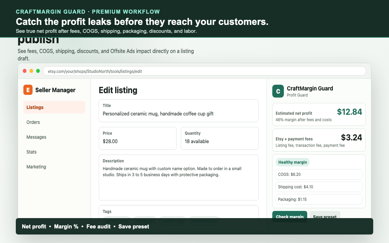 CraftMargin Guard identifies a hidden Etsy profit leak before publishing.