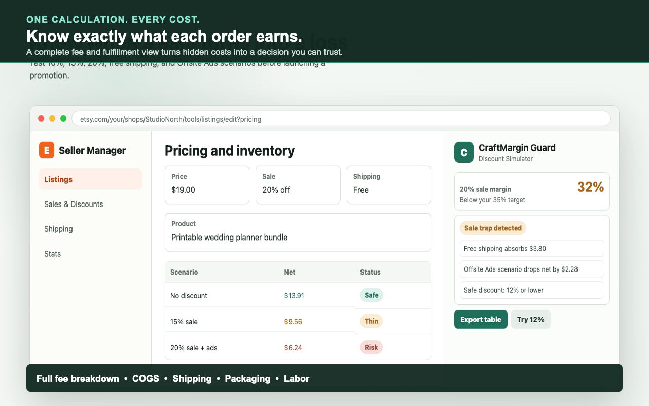 CraftMargin Guard compares pricing scenarios and target margins.