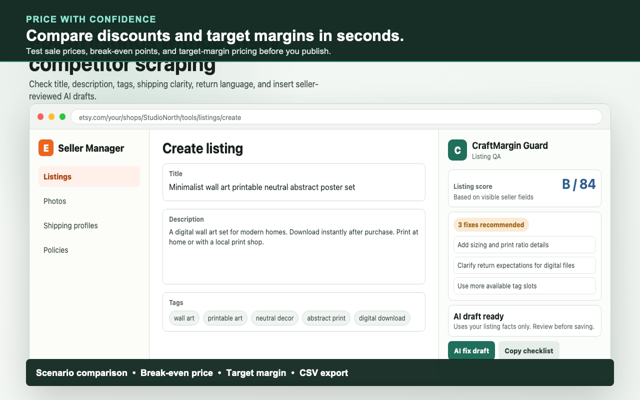 CraftMargin Guard reviews shipping and delivery costs before a listing goes live.