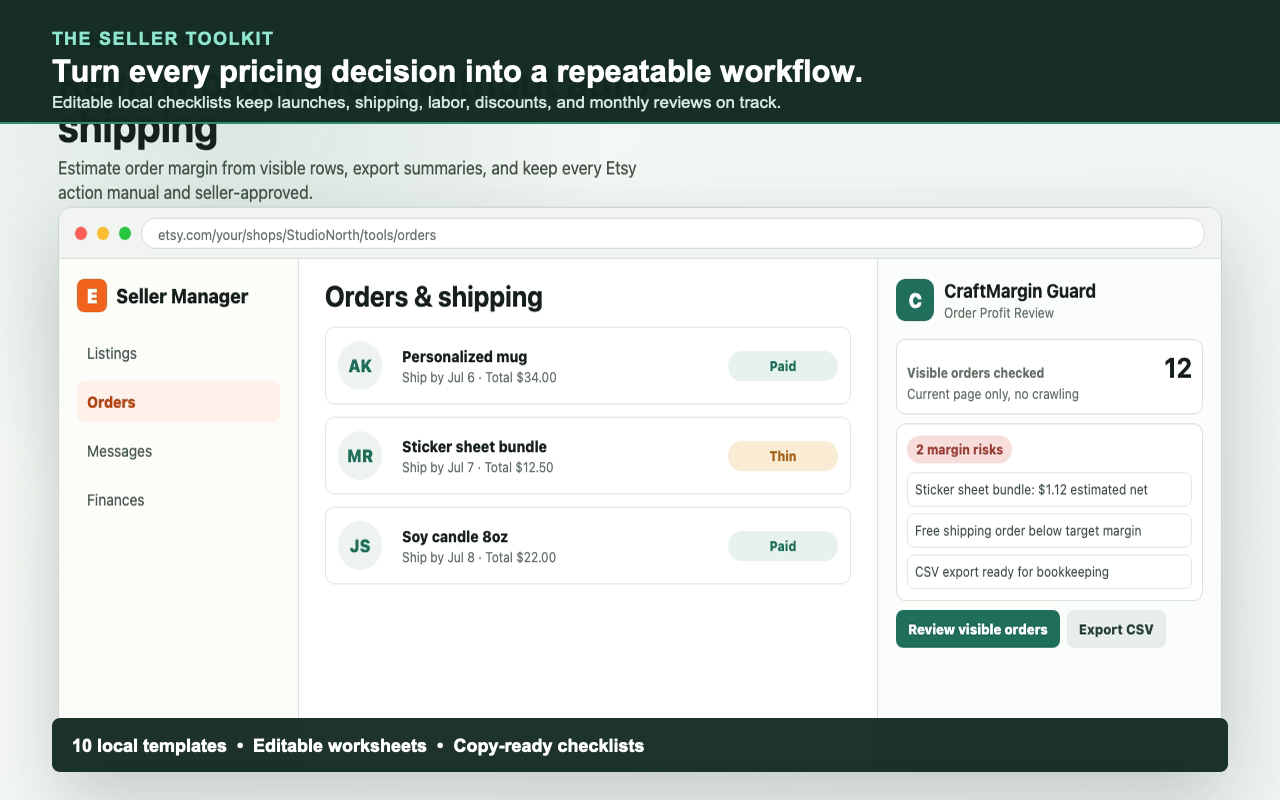CraftMargin Guard checks an order for profit without changing the Etsy workflow.
