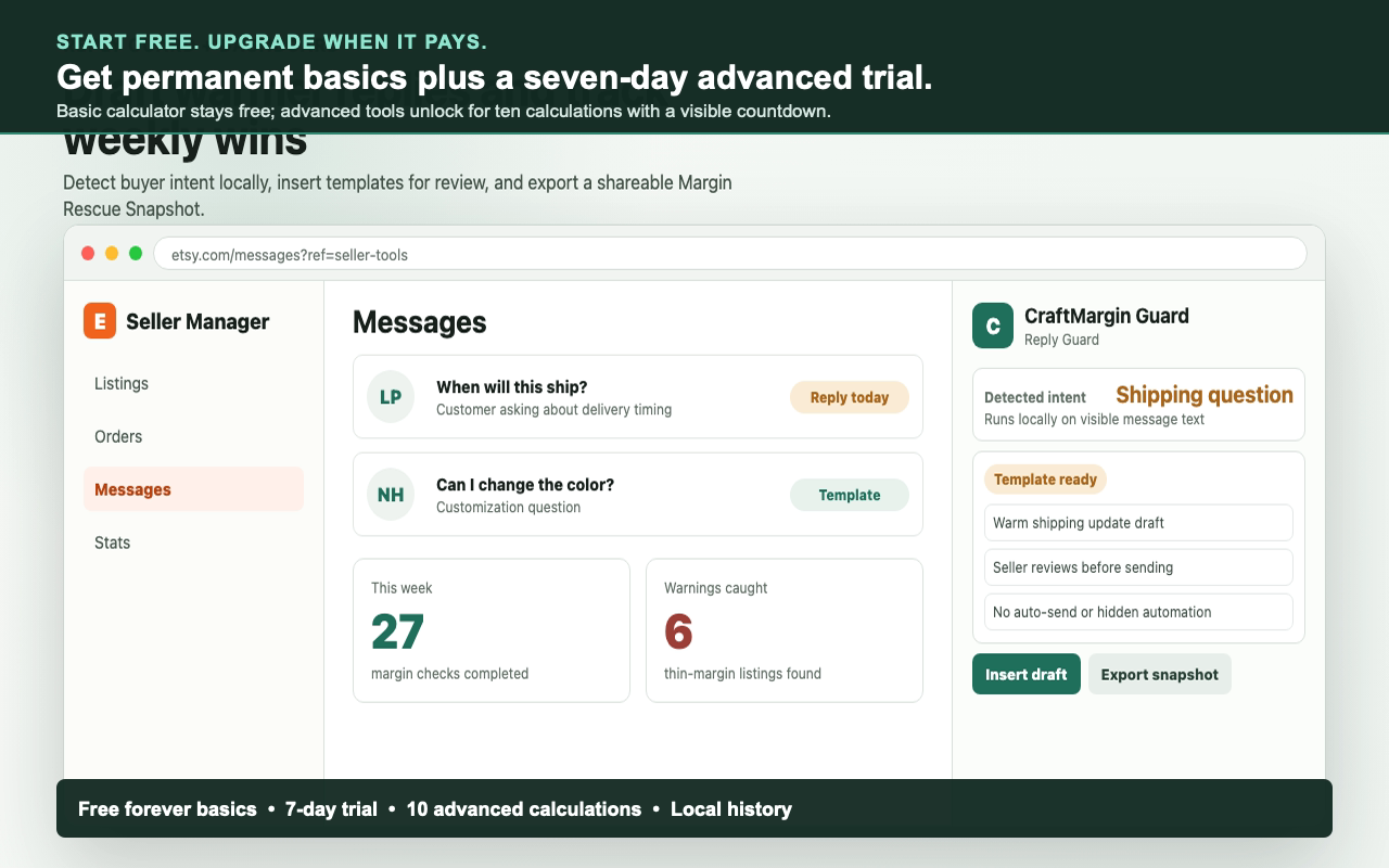 CraftMargin Guard provides seller-reviewed workflow templates and reply guidance.